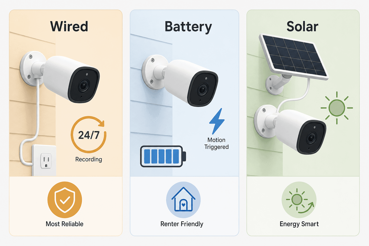 Three smart security camera power types side by side: wired camera with continuous recording, battery-powered camera with motion trigger, and solar-powered camera with sun icon.