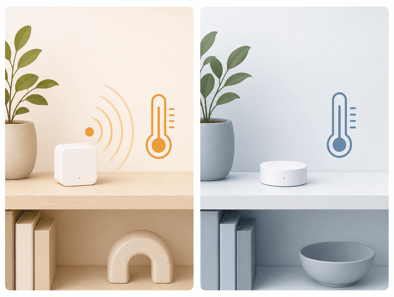 Two sensor pucks side by side: left shows radar occupancy and temperature icons, right shows temperature-only icon.