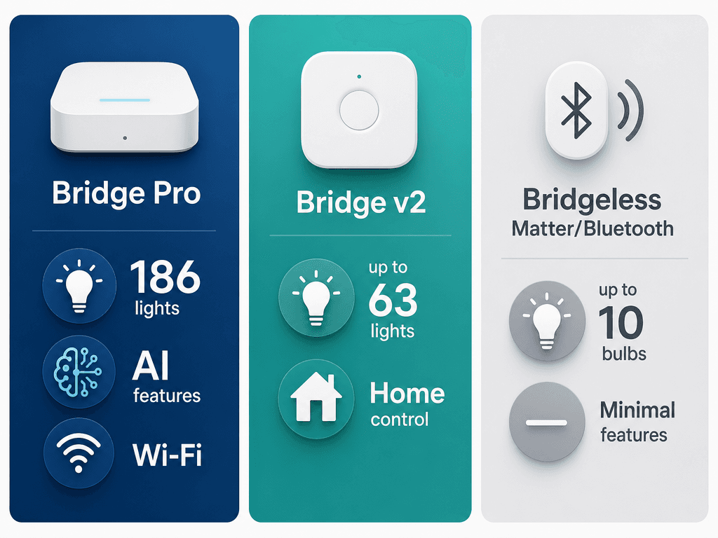 A flat editorial illustration showing three smart lighting setup paths side by side: Bridge Pro for 186 lights and AI features, Bridge v2 for up to 63 lights, and Bridgeless Matter/Bluetooth for up to 10 bulbs.