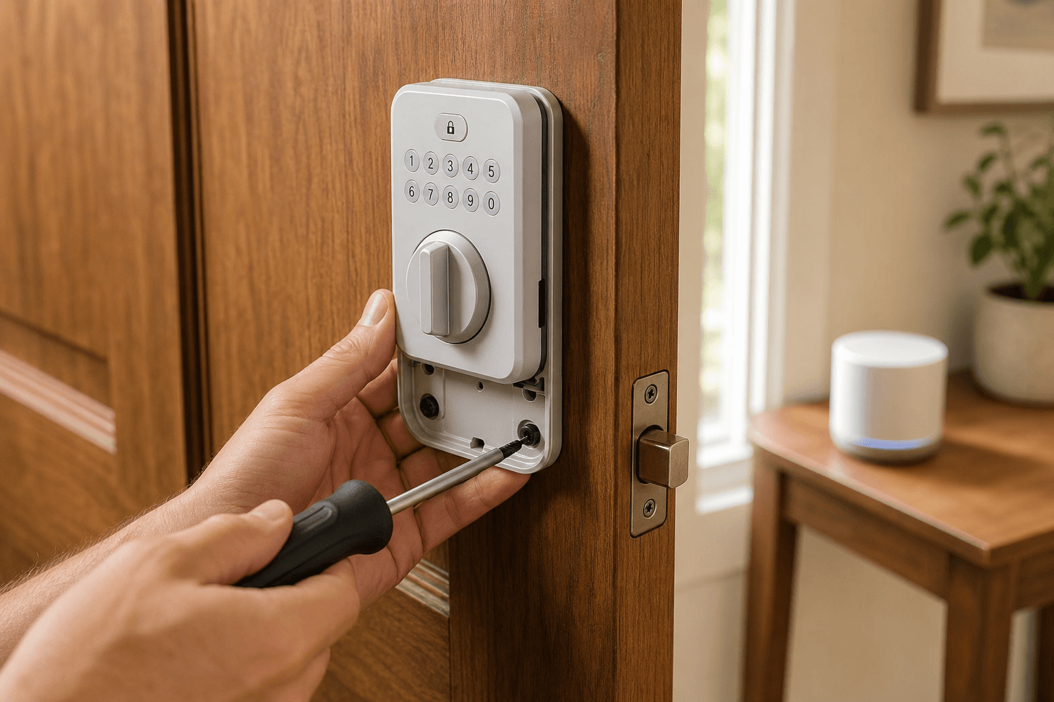 Homeowner securing the interior mounting plate of a keypad smart deadbolt with a Phillips screwdriver, with a smart home hub visible in the background.
