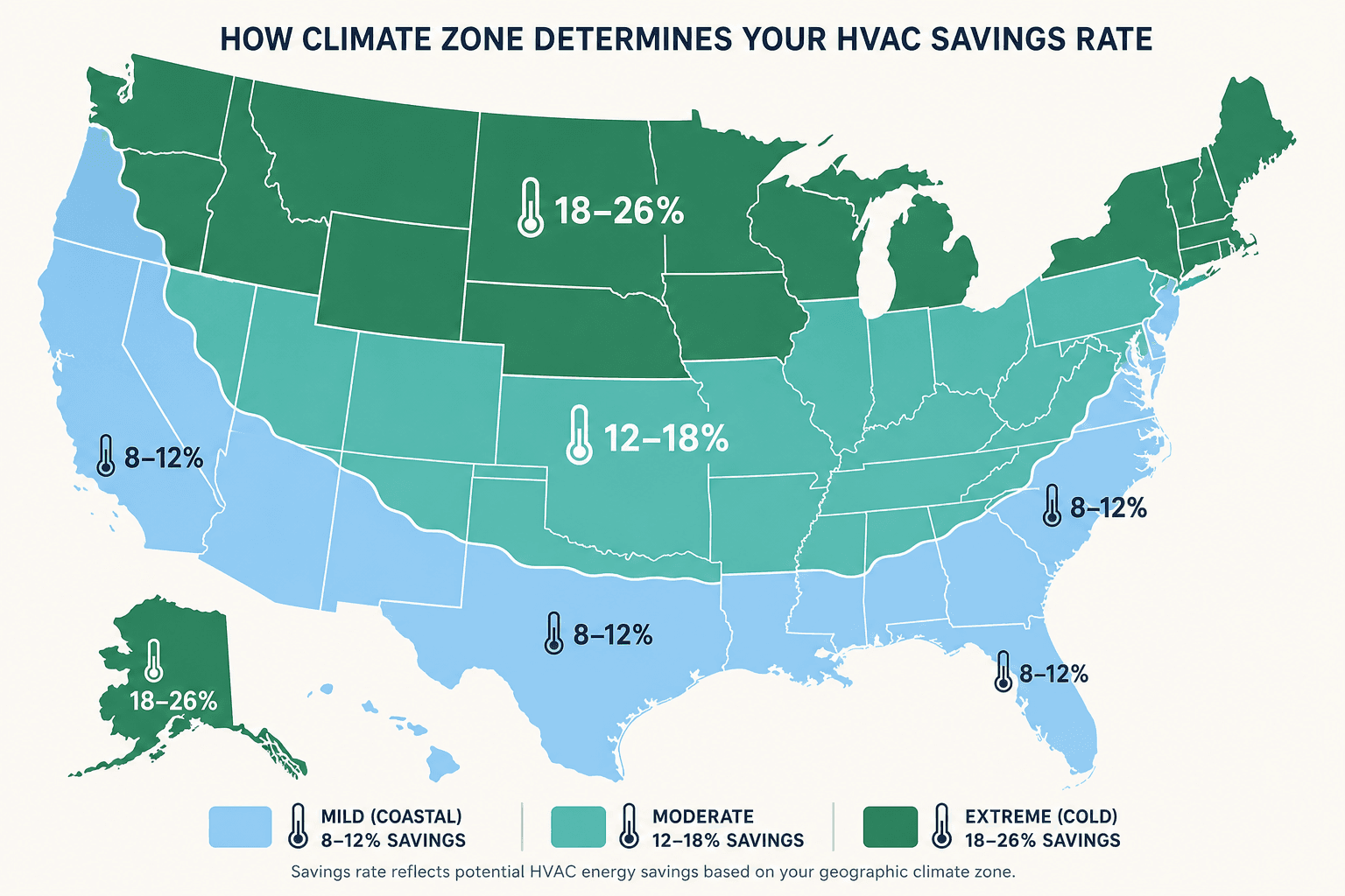 Flat-design US map showing DOE climate zones with savings rate ranges labeled: 8–12% for mild coastal regions, 12–18% for moderate zones, and 18–26% for cold northern zones.