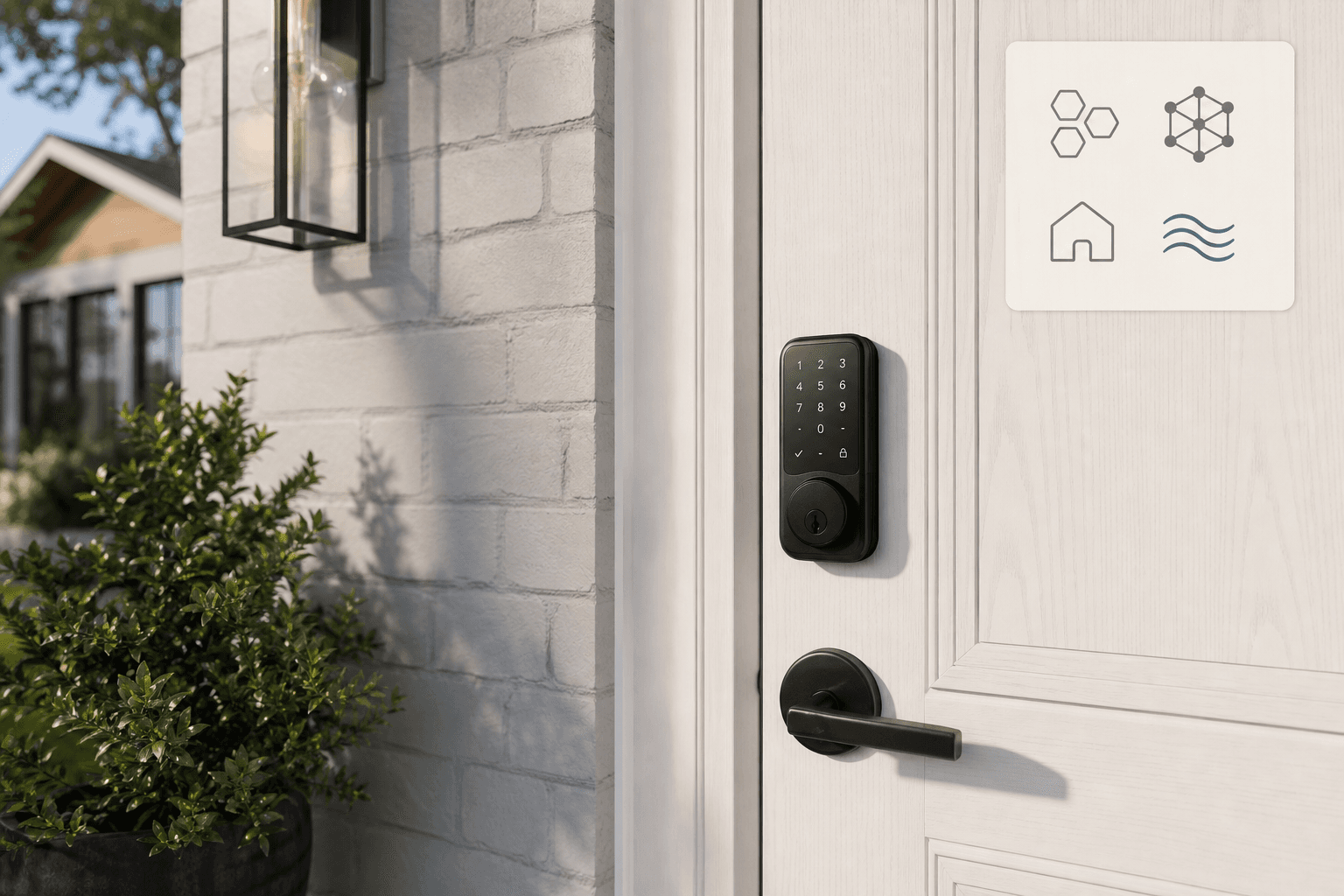 A sleek matte black smart deadbolt with illuminated keypad installed on a clean white residential front door, with abstract protocol and connectivity icons in an inset panel.