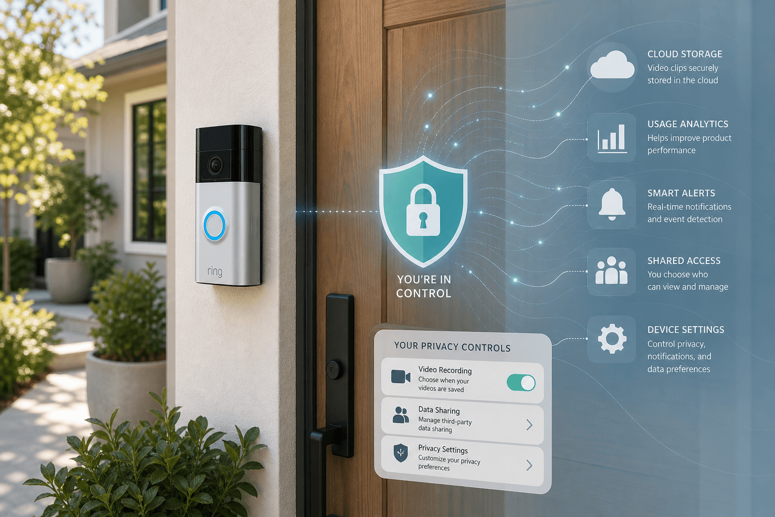 A modern front door with a Ring doorbell camera shown in a split-composition layout: warm home scene on the left, abstract data streams and a teal shield icon on the right.