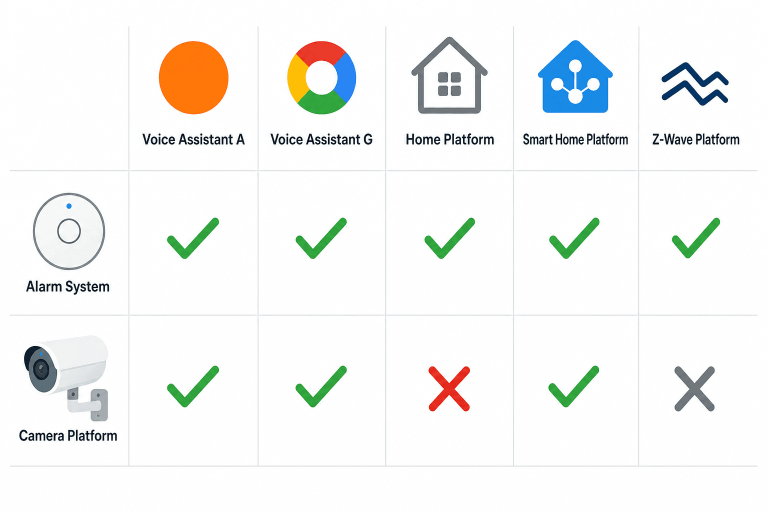Flat-design compatibility matrix showing checkmarks and X marks for Ring Alarm and Arlo across five smart home platform columns.