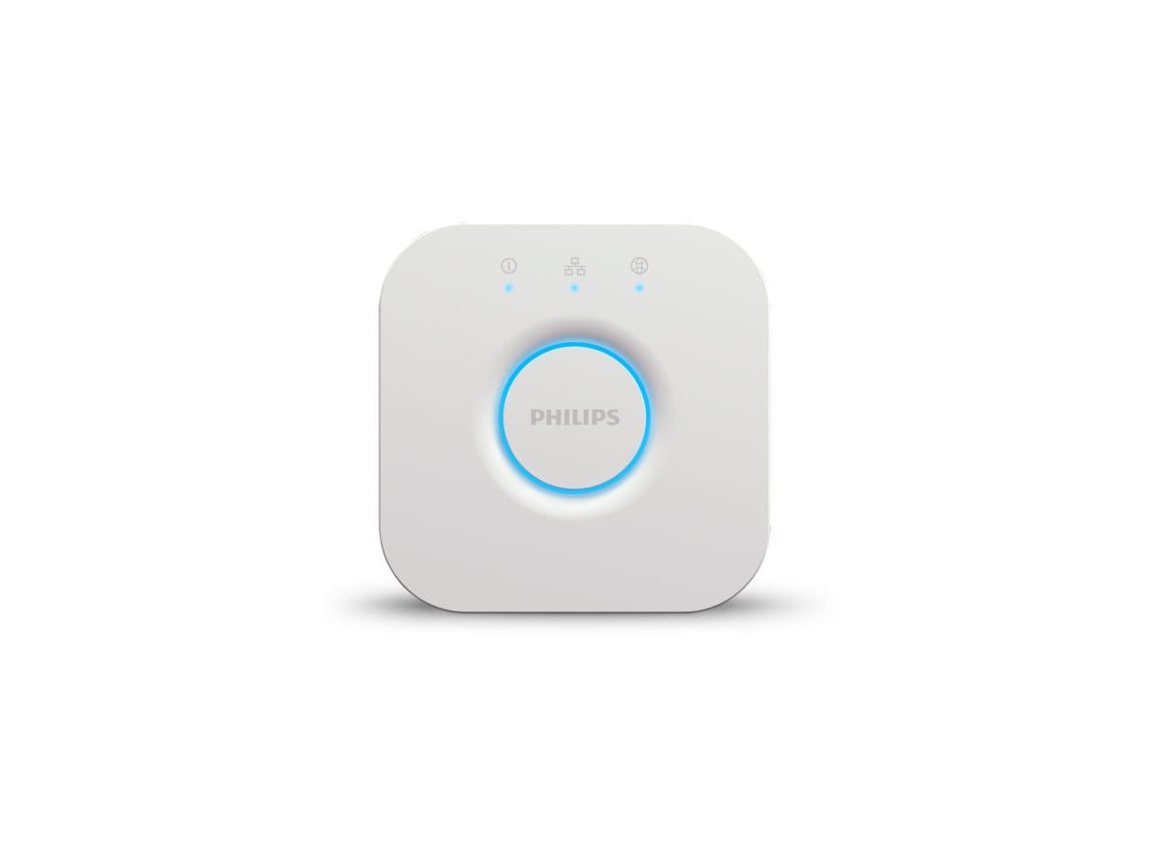 Official Philips Hue product photo showing the white square Hue Bridge v2 alongside Hue smart bulbs