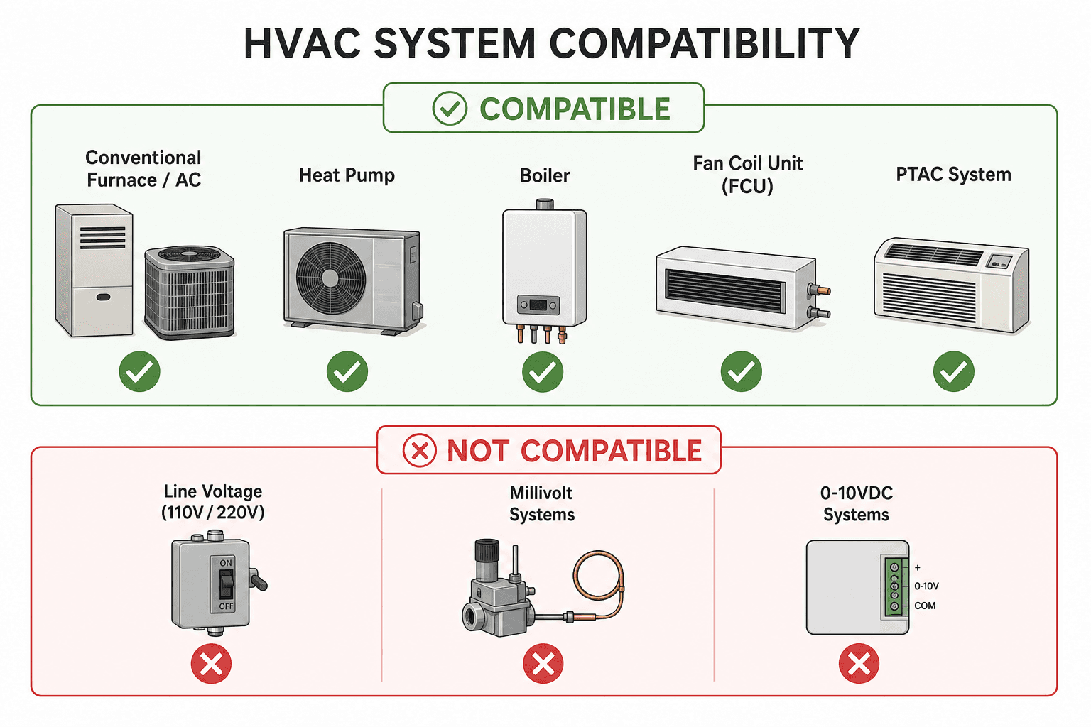 Two-zone diagram showing compatible HVAC system types with green checkmarks on the left and incompatible system types with red X indicators on the right.