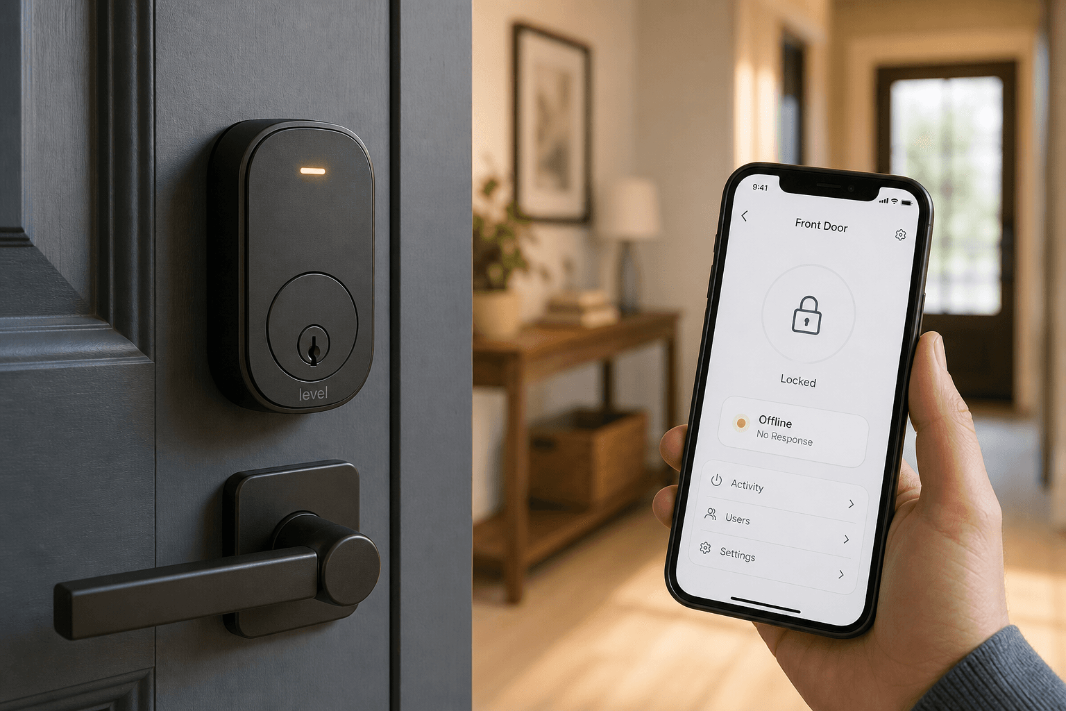 A modern smart deadbolt lock mounted on a residential front door with an amber LED status indicator, and a smartphone in the foreground showing an Offline status badge in a lock app.
