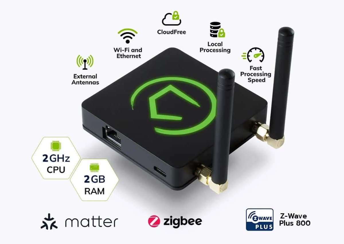 The Hubitat Elevation Model C-8 Pro smart home hub — a compact dark cylindrical device with external antenna connectors.