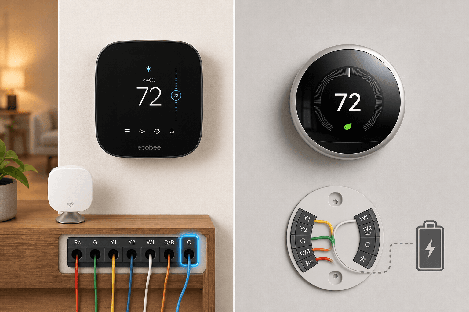 Split-panel illustration: left shows a square black Ecobee thermostat on a wall with a highlighted C-wire connection and a SmartSensor on a nearby shelf; right shows a round silver Nest thermostat with minimal wiring and a power-scavenging diagram beneath.