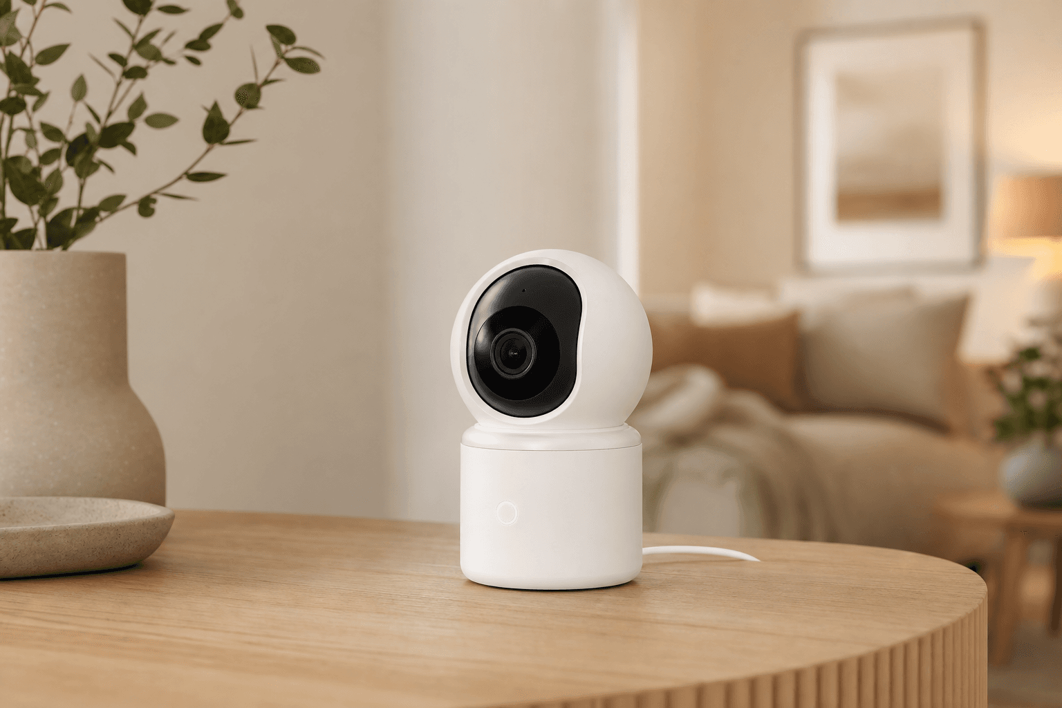Nest Cam (indoor, wired) — compact white cylindrical camera on a wooden tabletop with USB cable visible