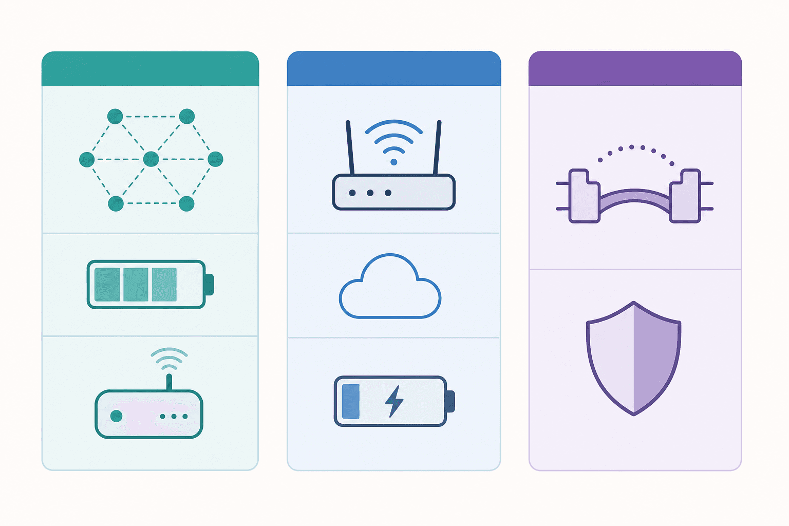 Side-by-side protocol comparison cards for Zigbee, Wi-Fi, and Matter, each showing minimalist icons representing their key characteristics.