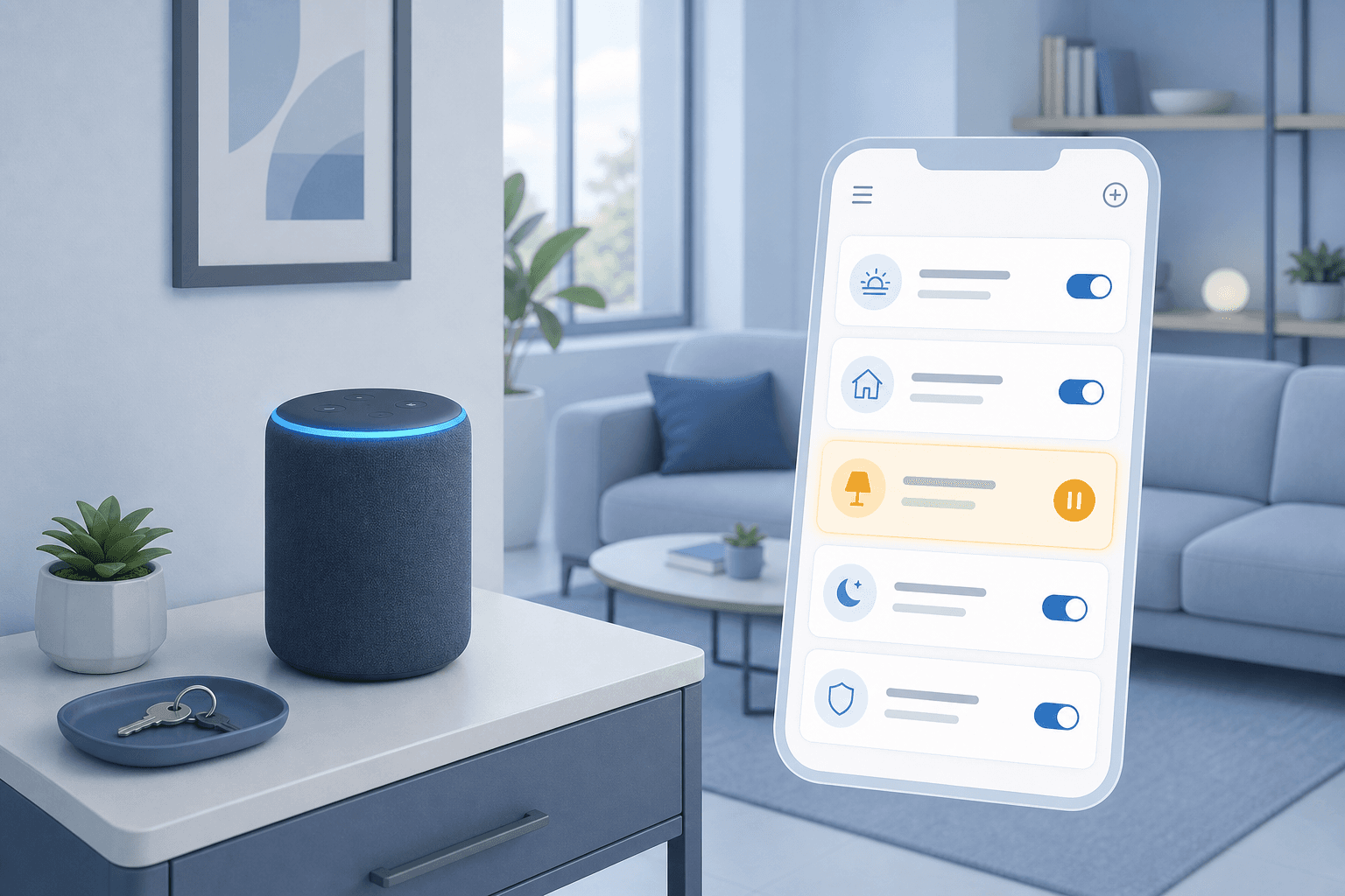 Isometric illustration of a smart speaker with a glowing blue ring beside a mobile phone showing a routine list with one item highlighted in amber, suggesting it is not triggering automatically.