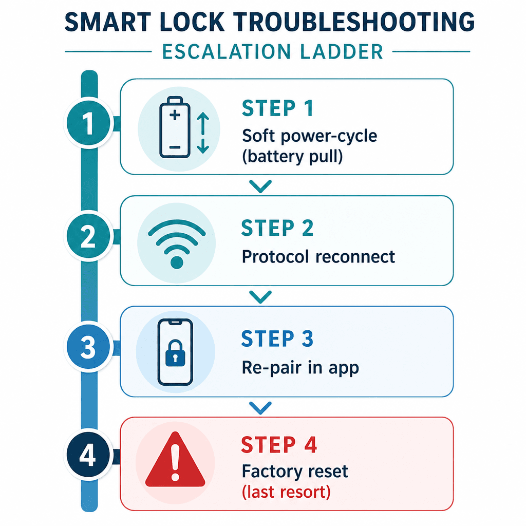A vertical escalation ladder diagram showing four sequential troubleshooting steps: soft power-cycle, protocol reconnect, re-pair in app, and factory reset as a last resort.