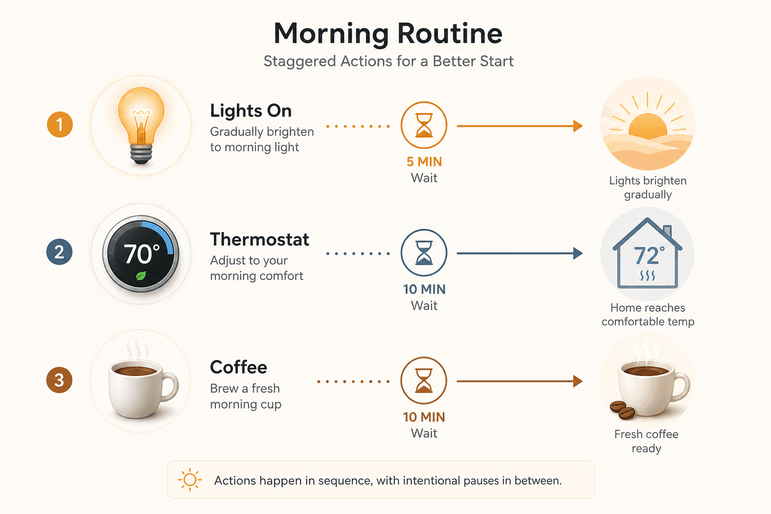 A flow diagram showing three steps — light bulb, thermostat dial, coffee cup — separated by hourglass wait-delay symbols, illustrating staggered execution order.