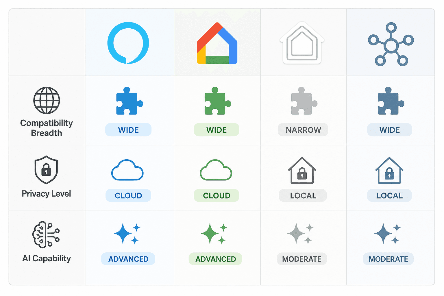 Editorial comparison diagram with four columns for Alexa, Google Home, Apple HomeKit, and SmartThings, showing visual badges for compatibility breadth, privacy processing mode, and AI capability.