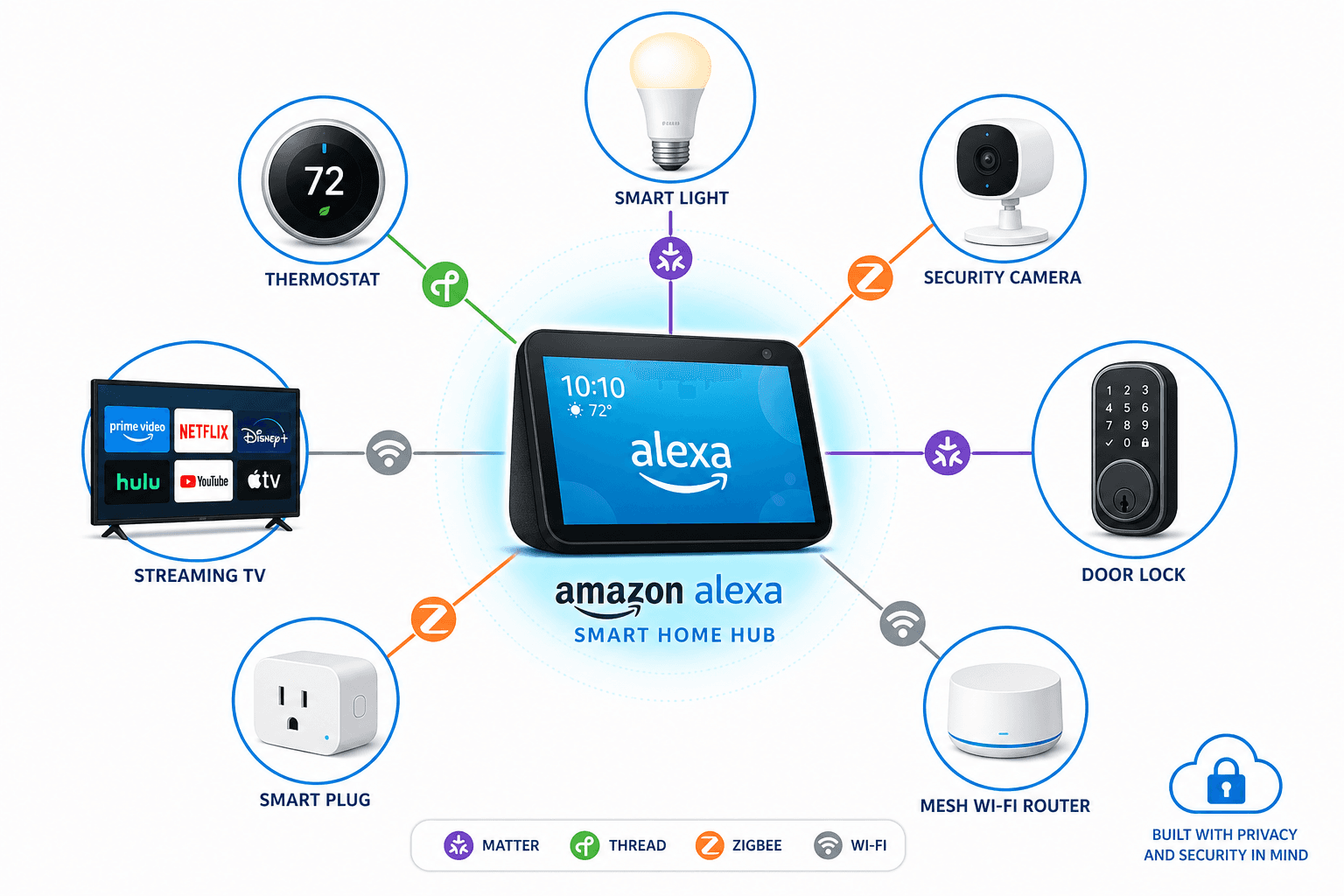 Flat-design illustration of an Amazon Alexa ecosystem hub with an Echo Show at center and color-coded connection lines to smart home device icons, annotated with Matter, Thread, Zigbee, and Wi-Fi protocol labels.