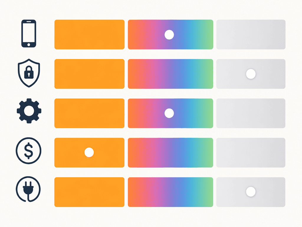 A minimal flat infographic showing five horizontal rows with icons for buyer decision criteria, each divided into three color-coded segments indicating platform fit.