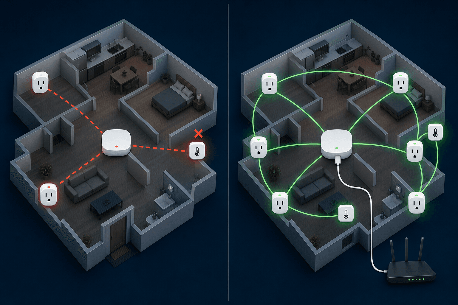 Isometric home floor plan showing a sparse broken Zigbee mesh on the left with dashed red signal lines and an offline sensor, contrasted with a healthy dense mesh on the right with evenly distributed router nodes and green signal arcs.