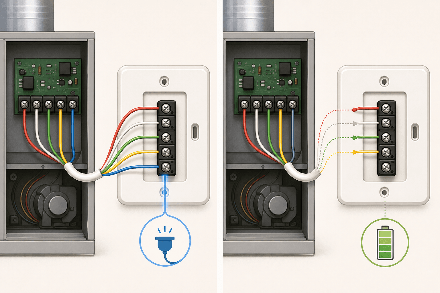 Two wiring diagrams side by side: left shows five wires including a blue C-wire connected to a thermostat wall plate with a power plug icon; right shows four wires with no C-wire and a battery icon indicating power scavenging.