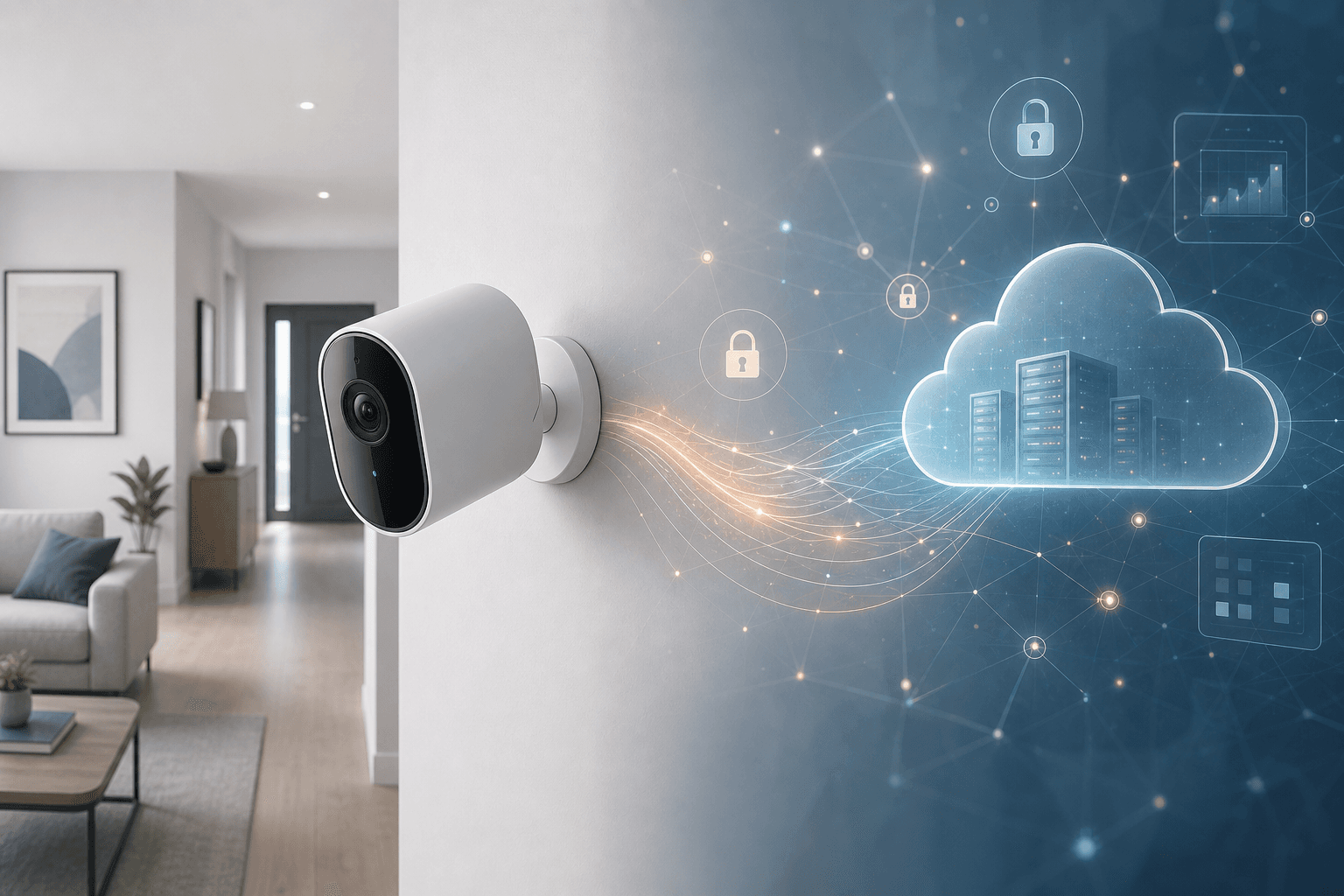 A smart home security camera mounted on a white interior wall with a split composition showing a calm home interior on one side and abstract glowing data-flow lines and cloud shapes on the other.