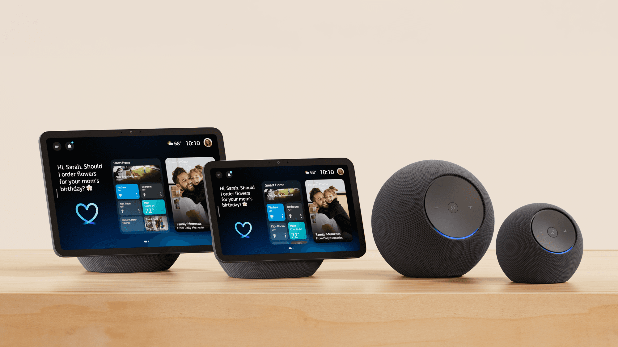 The full Amazon Echo device family lineup from September 2025, including Echo Dot Max, Echo Studio, Echo Show 8, Echo Show 11, and Echo Spot arranged together.