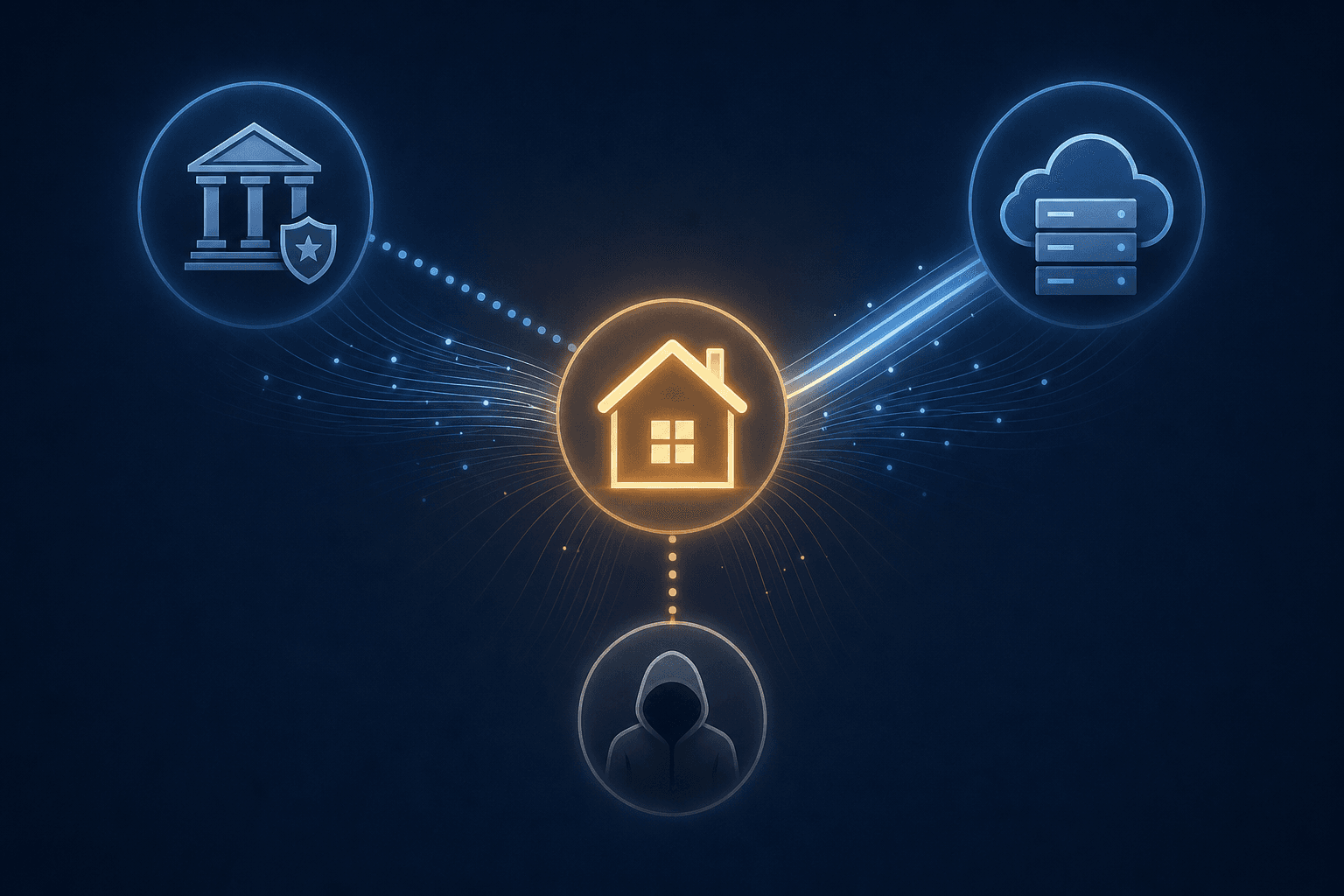 A dark editorial diagram showing a central house icon connected by radiating lines to three surrounding nodes representing institutional access, corporate vendor access, and unauthorized access risk.