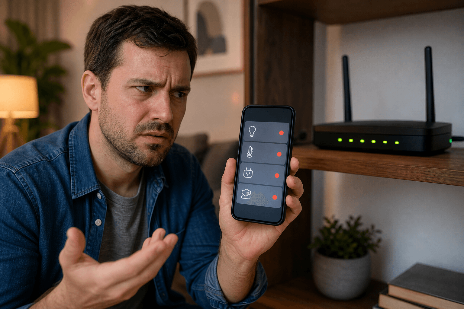 A person in a modern living room holds a smartphone showing a smart home app with multiple devices marked offline, while a router behind them glows green with all lights active.