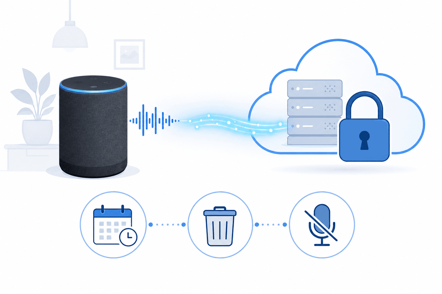Flat editorial illustration showing a smart speaker sending audio data to a cloud server with a padlock, with three privacy control icons below: a calendar for auto-delete schedules, a trash icon for manual deletion, and a muted microphone.