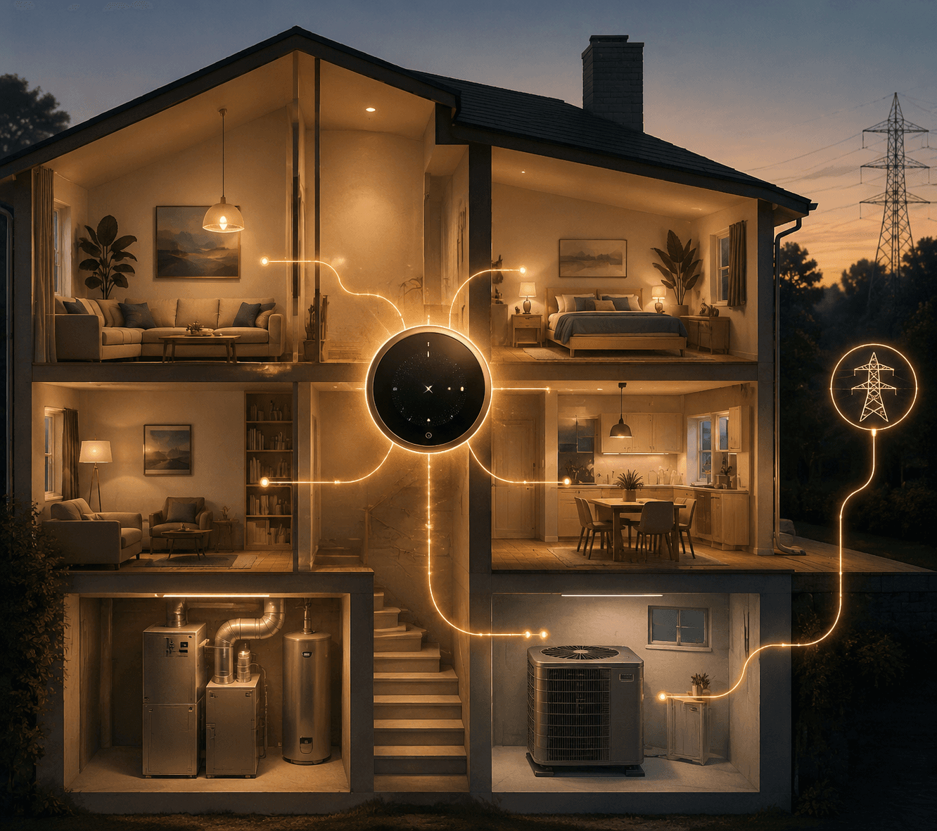 Cutaway illustration of a two-story home with a smart thermostat connected to rooms, HVAC equipment, and the utility grid