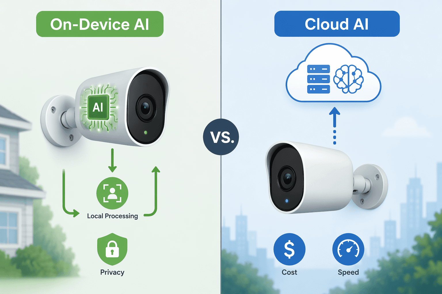 Comparison of on-device AI with local processing and cloud AI with remote processing and subscription implications