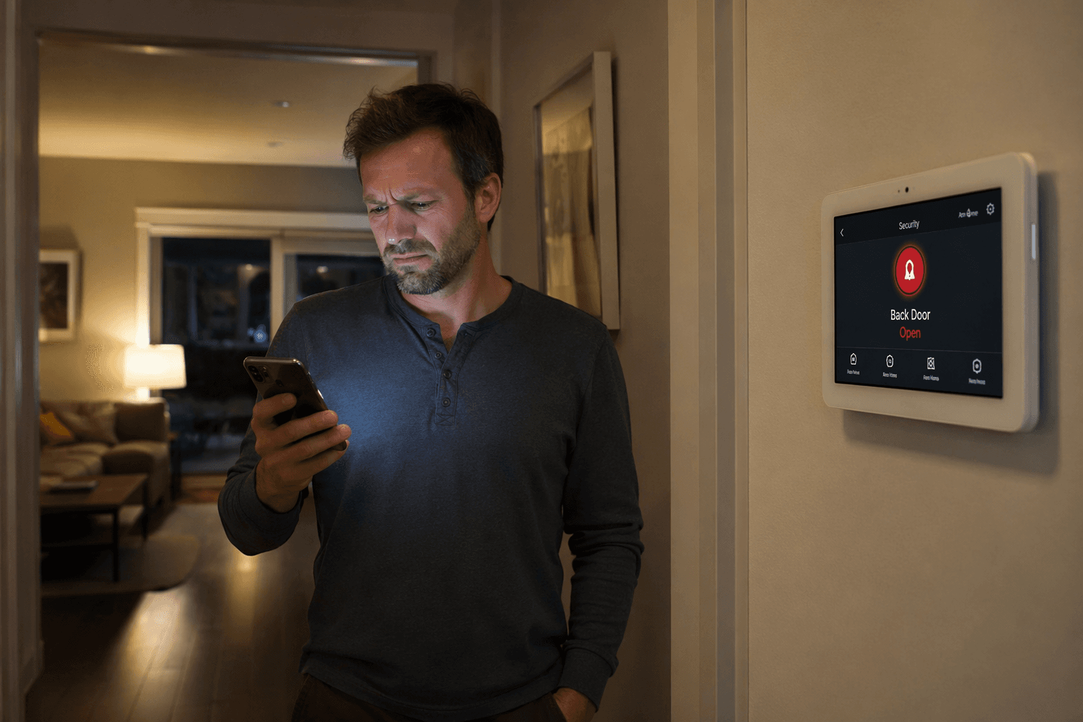 Person checking a smartphone near a red security control panel in a dim hallway