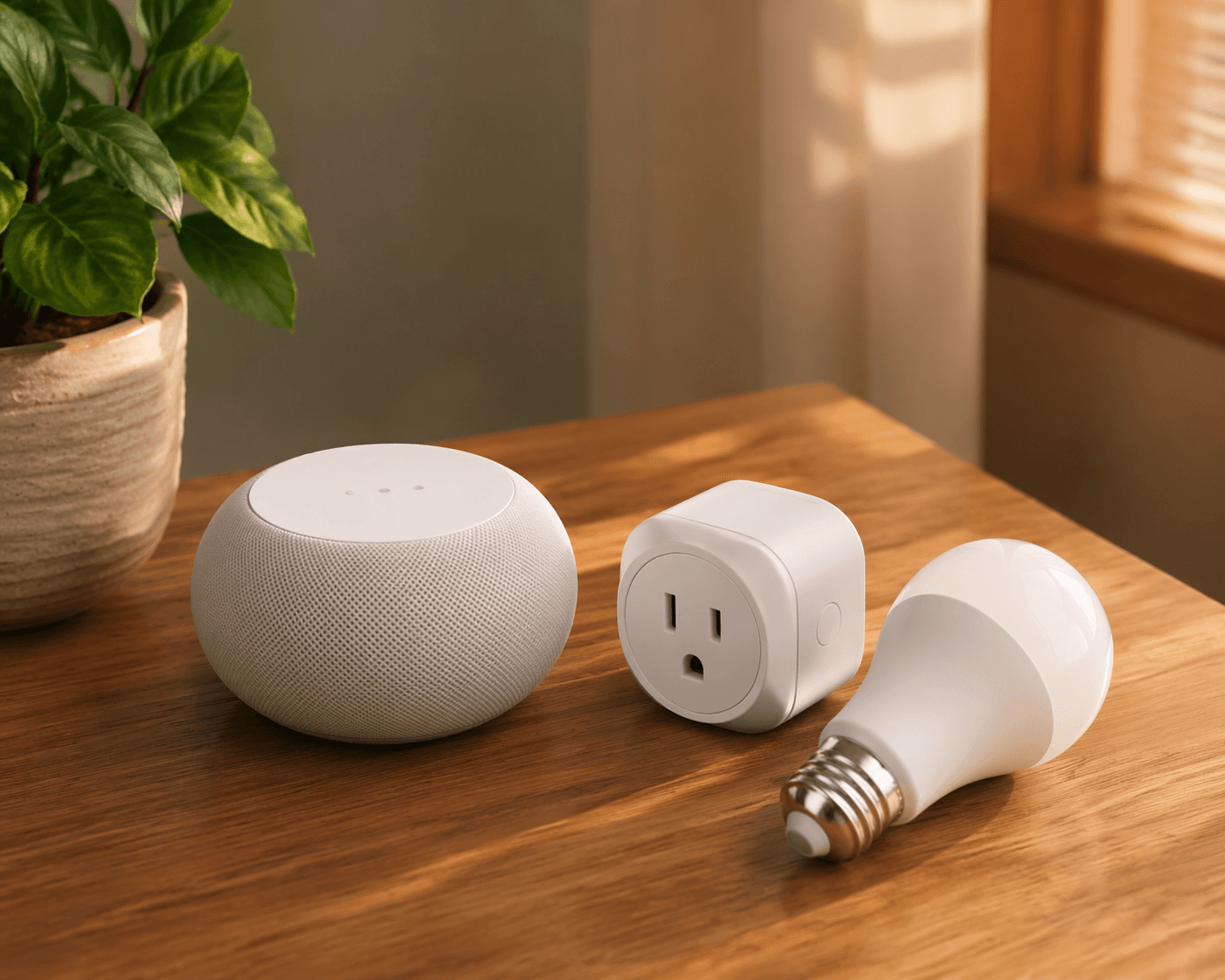 Smart speaker, smart plug, and smart LED bulb arranged on a wooden table
