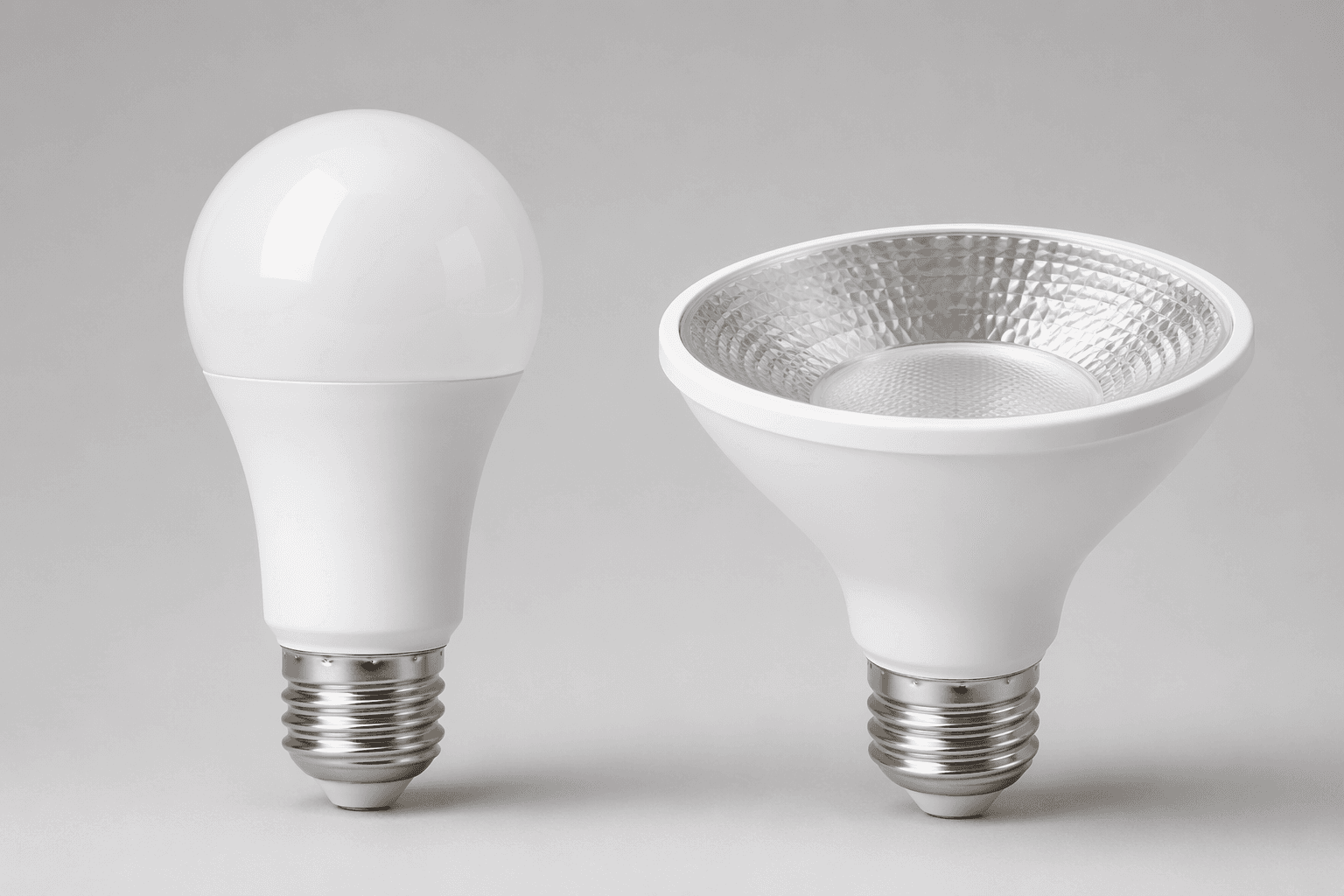 Studio-style side-by-side comparison of two common smart light bulb shapes: a standard A19 pear-shaped bulb and a wider BR30 reflector floodlight bulb, both with E26 screw bases, on a light gray surface with soft shadows.