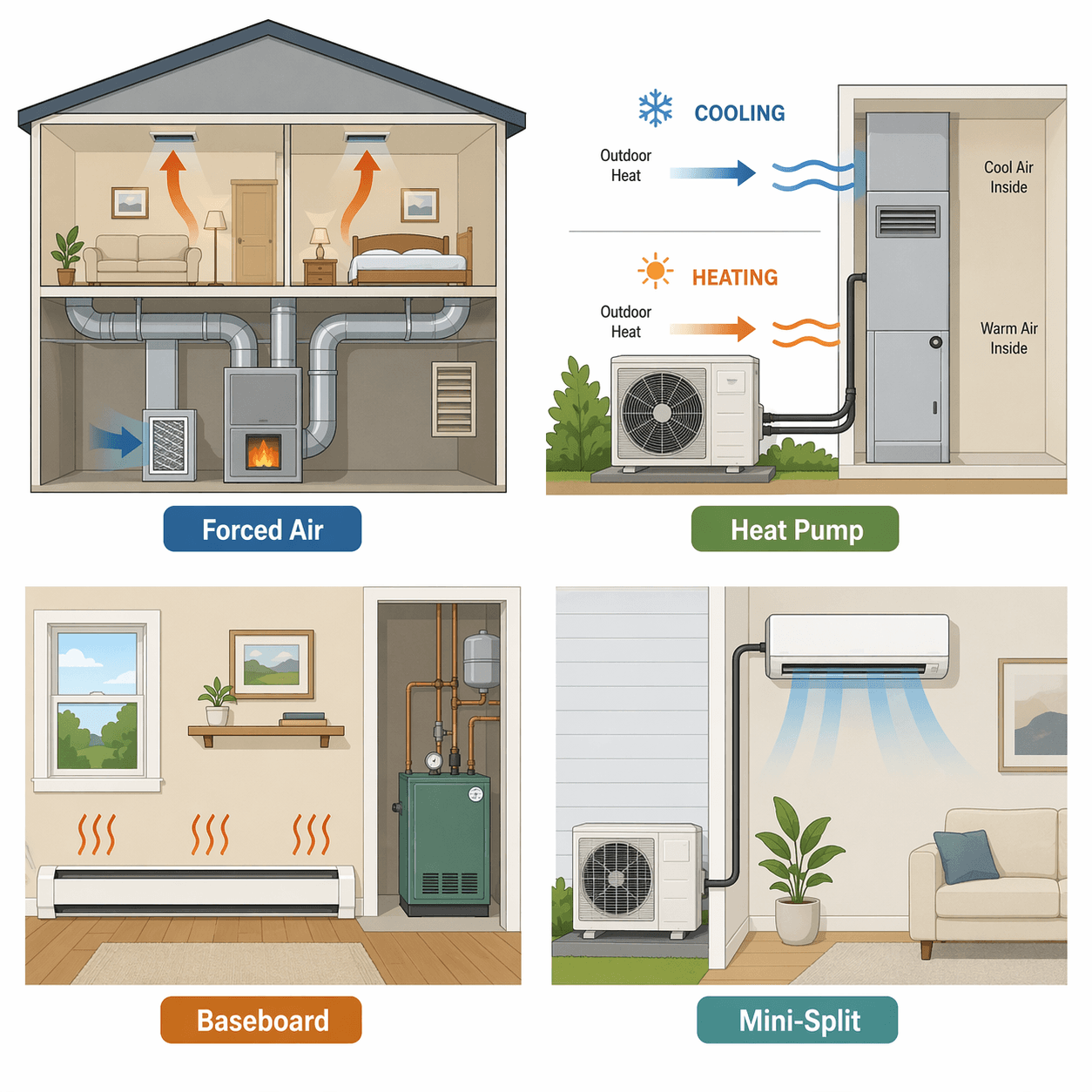 A flat vector grid illustration comparing four HVAC system types: forced air with ductwork and a furnace labeled 'Forced Air', heat pump with outdoor unit and indoor air handler labeled 'Heat Pump', baseboard heating with wall-mounted units and a boiler labeled 'Baseboard', and mini-split with wall-mounted indoor head and outdoor condenser labeled 'Mini-Split'.