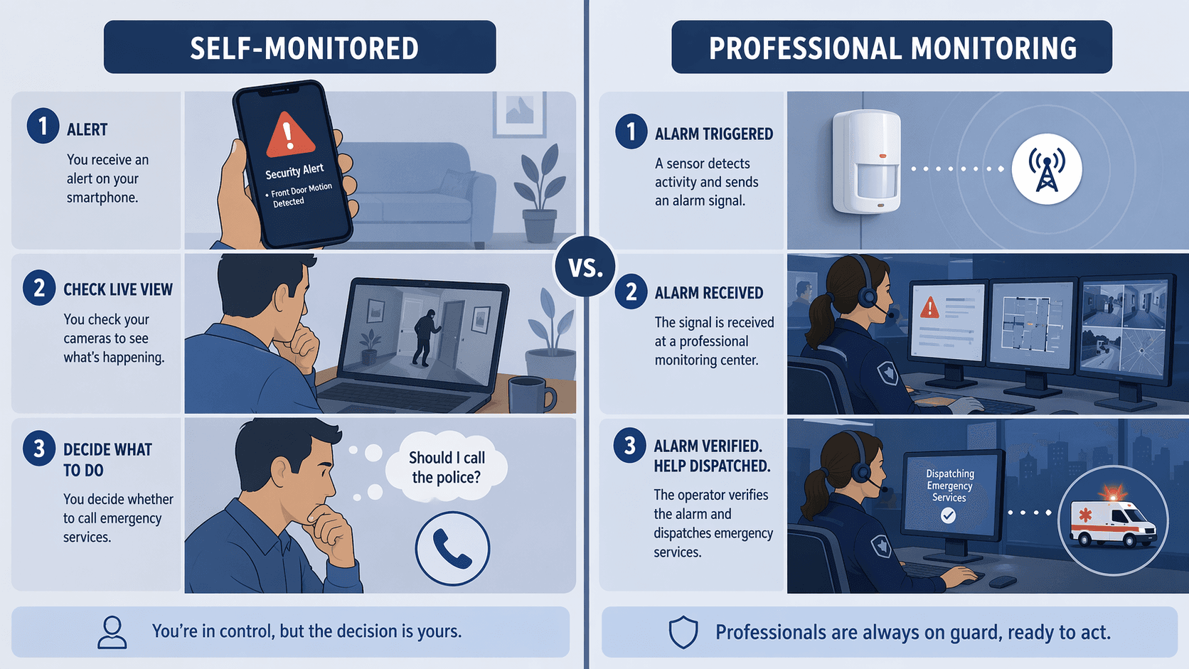 Comparison of self-monitored and professionally monitored security alert workflows