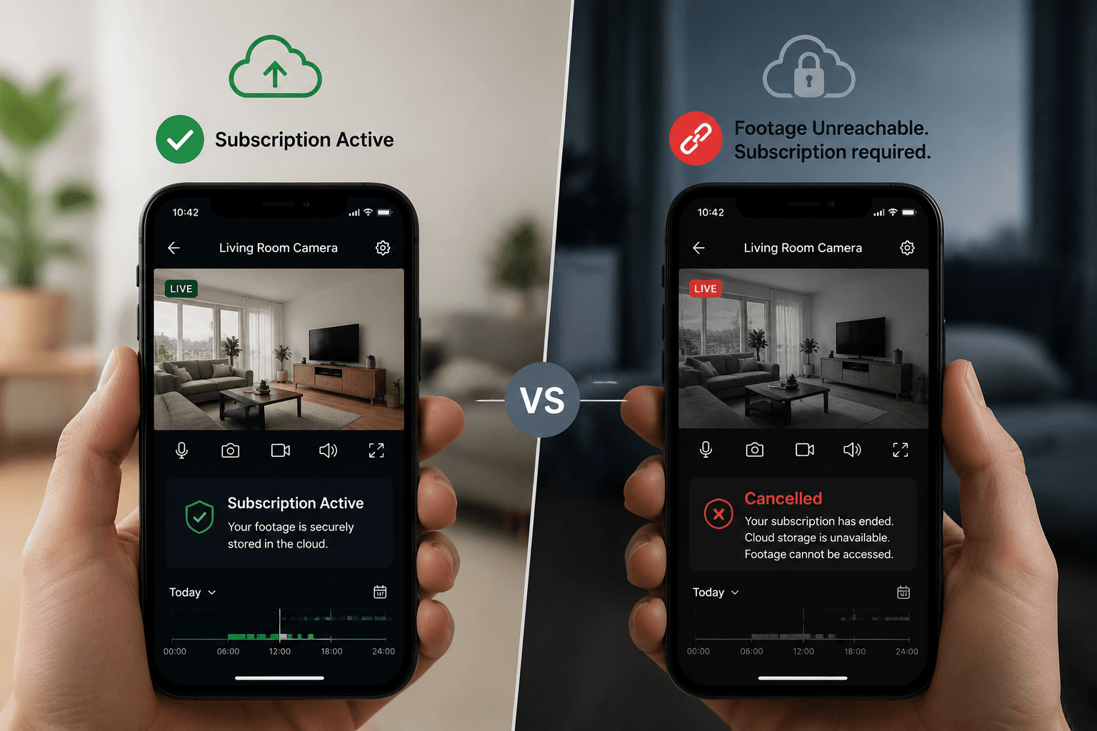 Smartphone security camera feed showing active cloud access on one side and canceled subscription with locked cloud access on the other