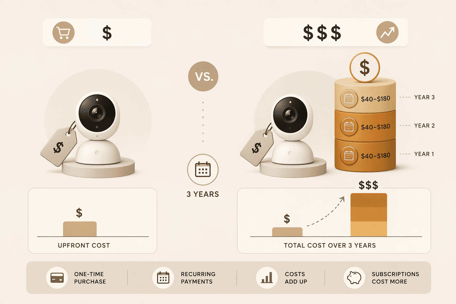 Three-year total cost of ownership comparison showing a low camera price growing with recurring subscription fees