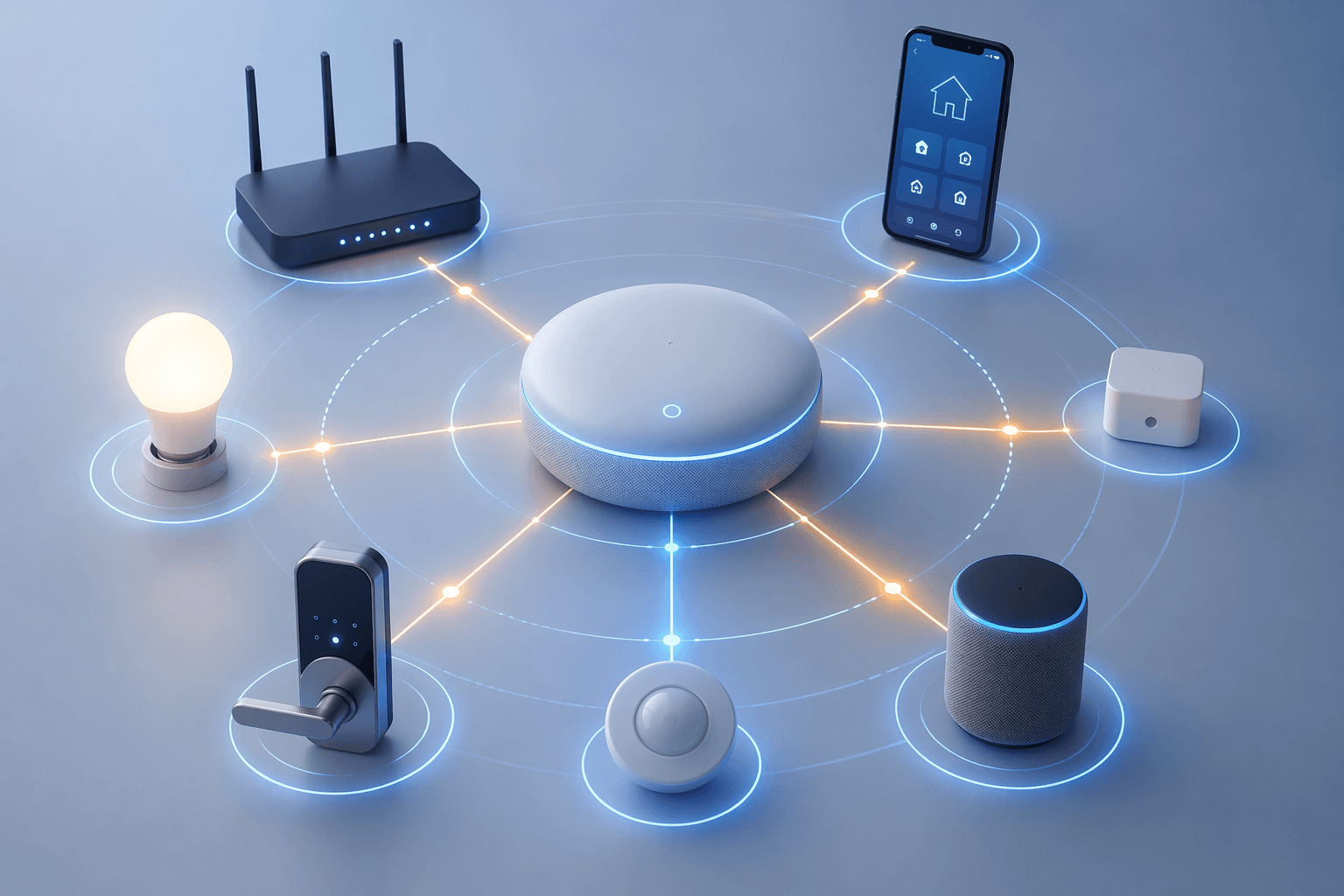 Smart home hub connected to a router, phone app, lights, lock, sensor, and speaker in a diagnostic workflow