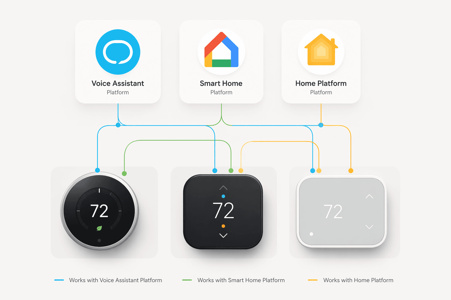 Platform icons representing Alexa, Google Home, and Apple HomeKit connected to thermostat silhouettes