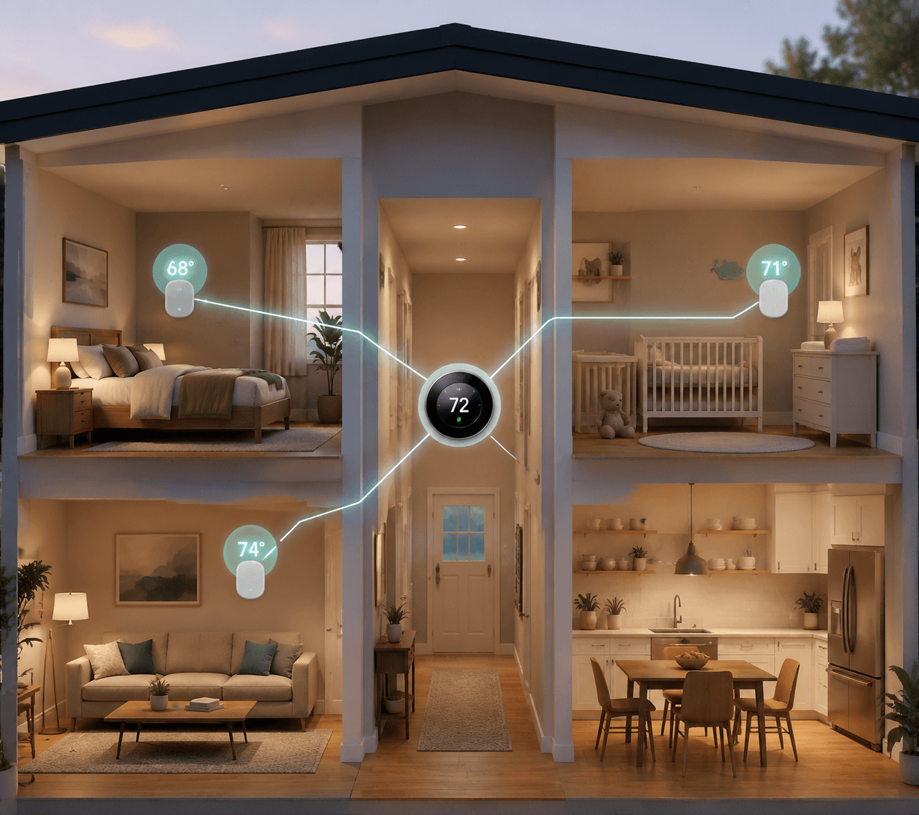 Home cross-section showing a central smart thermostat connected to room sensors in a bedroom, living room, and nursery