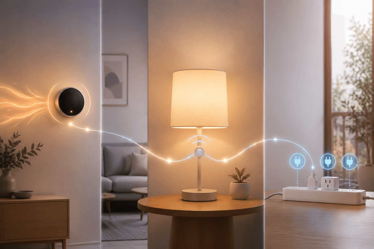Smart thermostat, motion-sensing lamp, and smart power strip connected as a coordinated energy-saving automation system