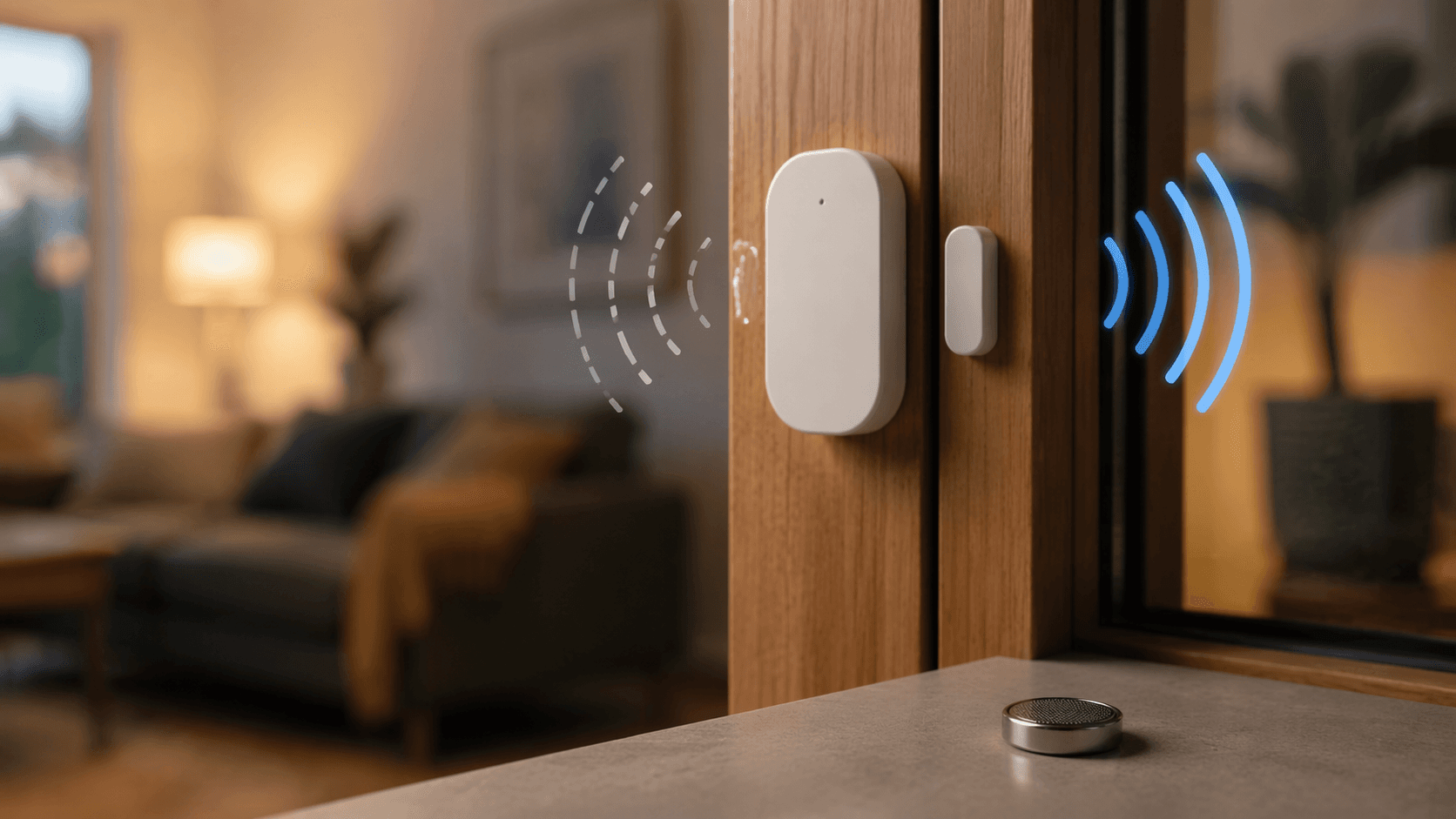 Smart door and window sensor with uneven wireless signal waves and a coin cell battery nearby