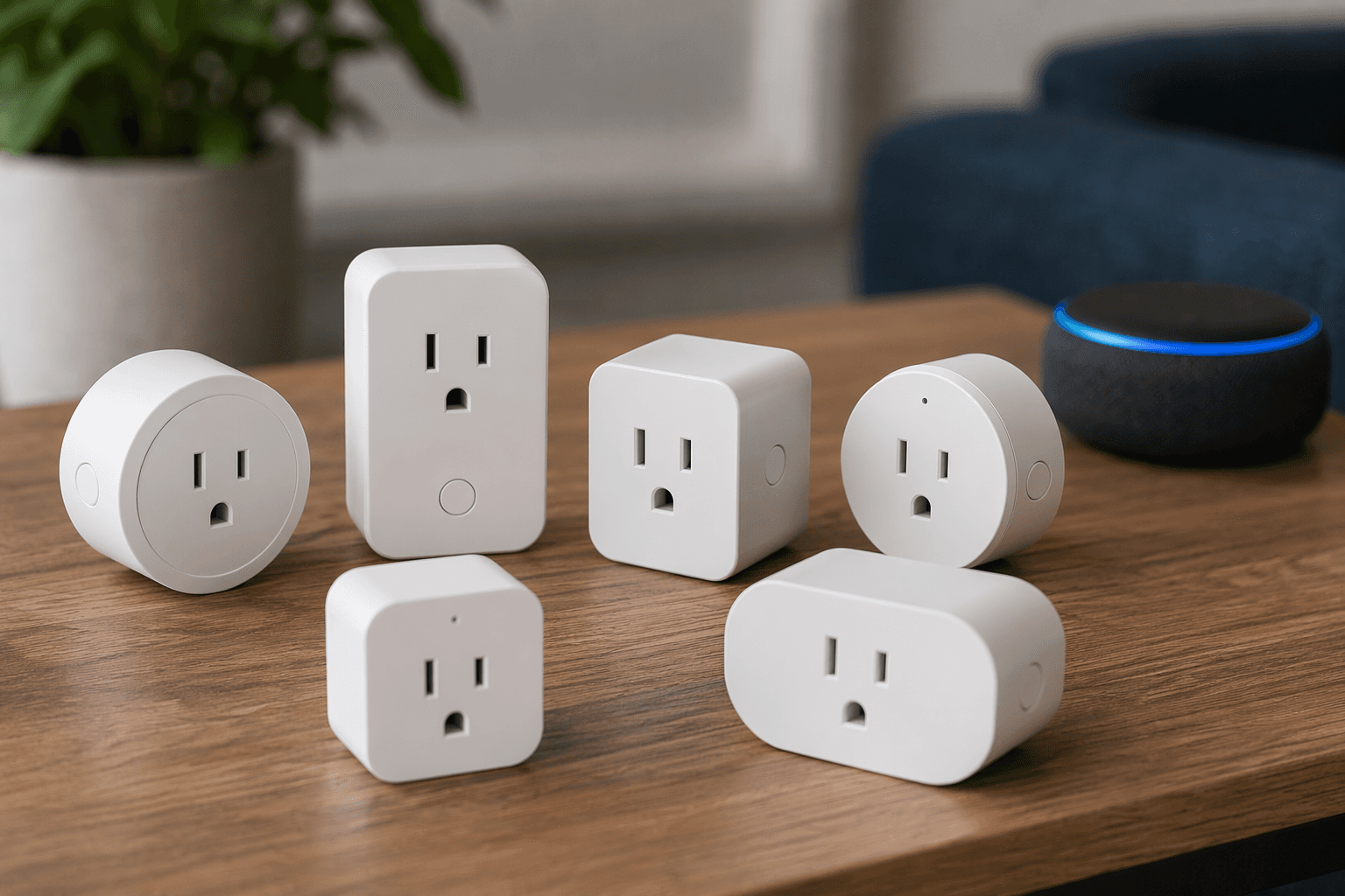 Multiple white smart plugs on a wooden table with an Echo Dot blurred in the background