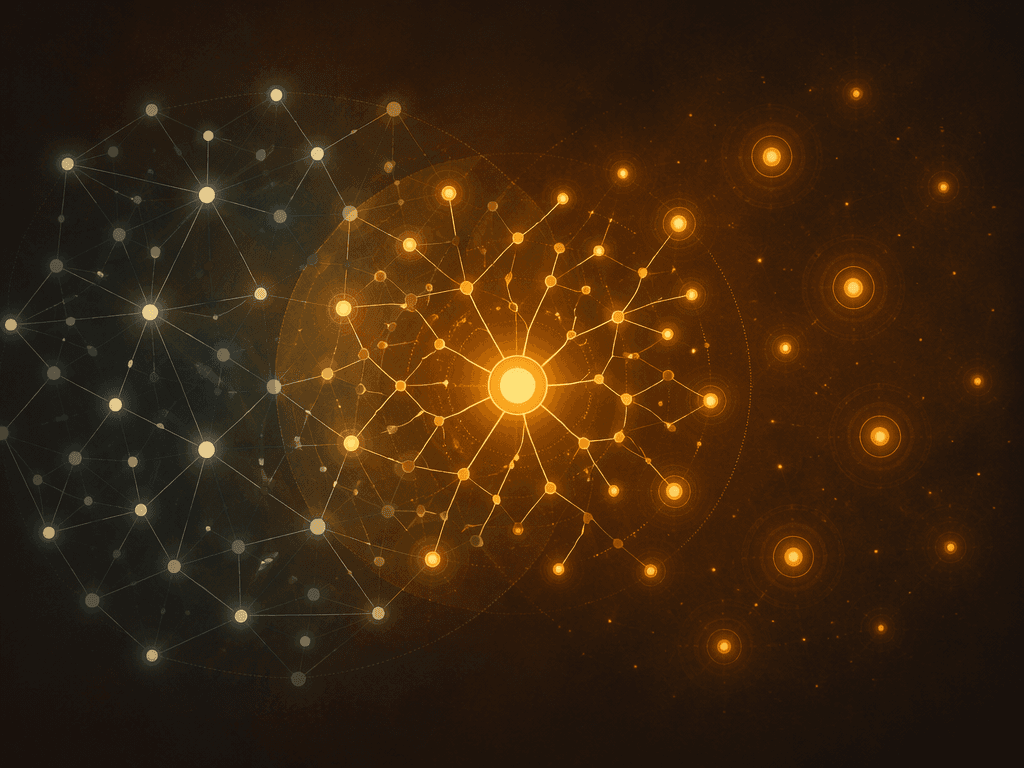 Abstract comparison of smart home protocol networks including a hub, mesh lines, and small connected sensor points