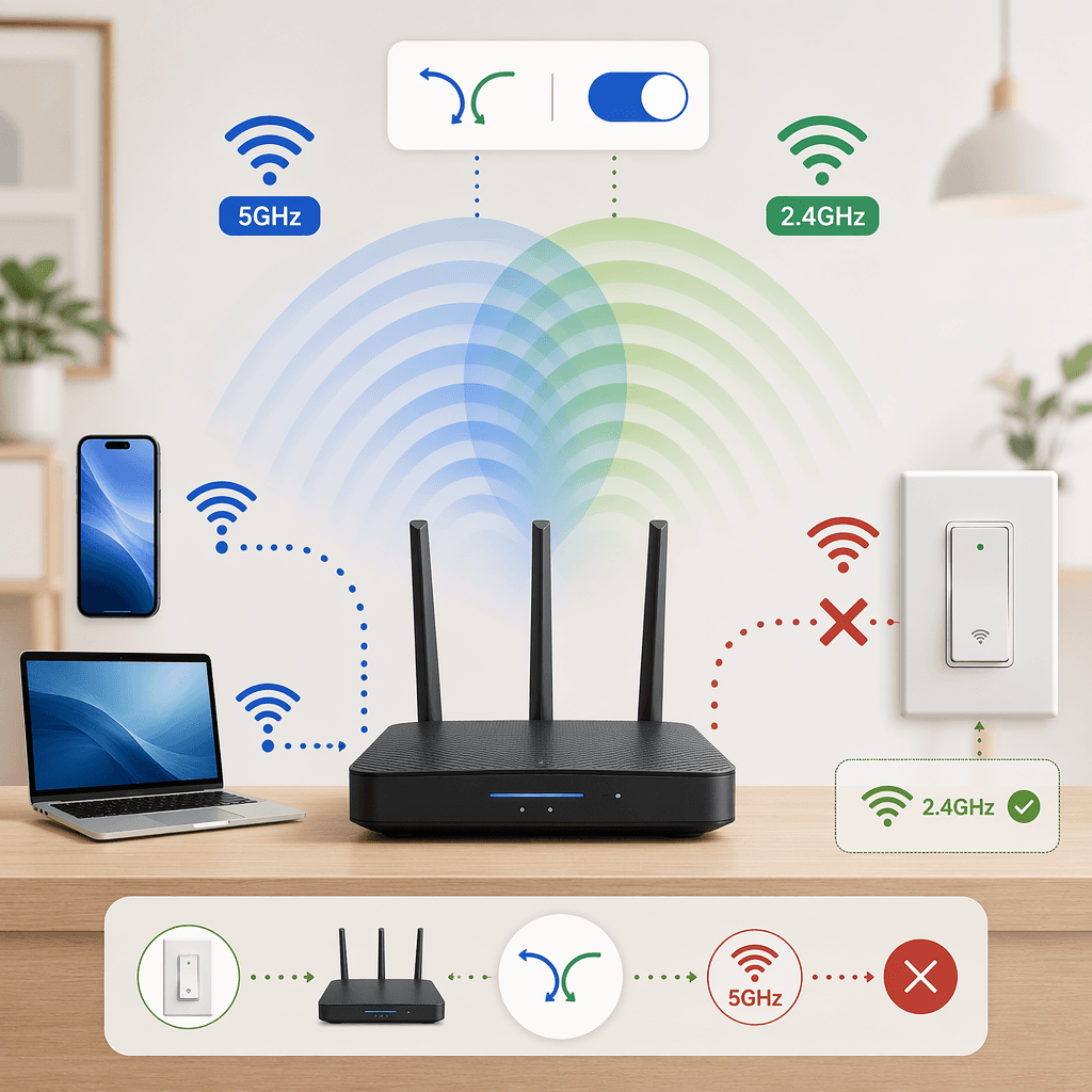 Router illustration showing 2.4GHz and 5GHz bands with a smart light switch failing to connect
