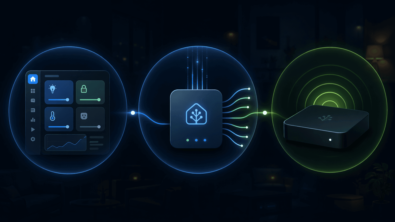 Three connected nodes representing a Matter controller integration, a Matter bridge add-on, and physical smart home hardware