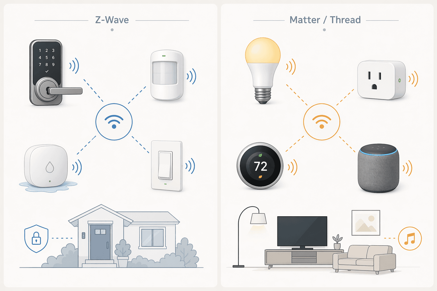 Comparison of Z-Wave devices on one side and Matter and Thread devices on the other