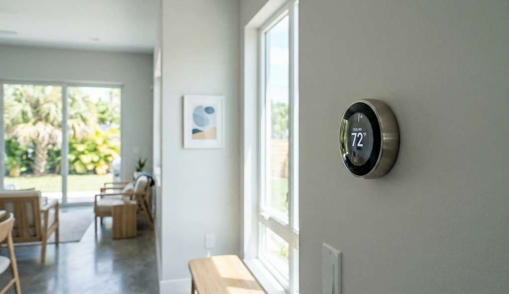 Modern smart thermostat mounted on a white wall in a bright living room