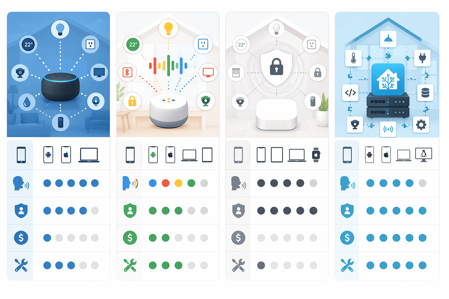 Four ecosystem pillars comparing Alexa, Google Home, Apple HomeKit, and Home Assistant across compatibility, voice, privacy, cost, and tinkering