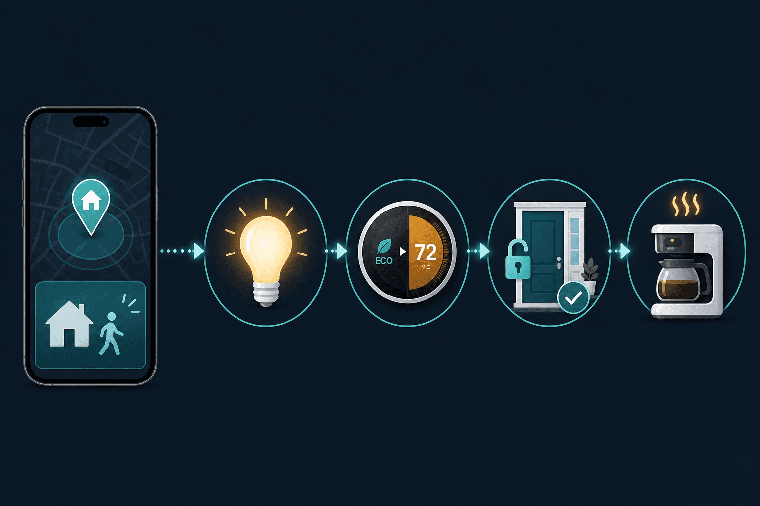 Flow diagram of an arrival automation: smartphone geofence alert triggers lights, thermostat, door lock, and coffee maker.